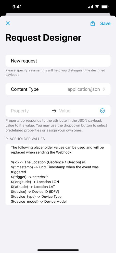 Locative: Geofence and Beacon - The Request Designer screen in Locative showing options to configure JSON payloads for geofence and beacon webhooks.
