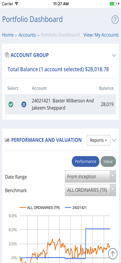 HUB24 app portfolio dashboard screen showing account balance and performance graph