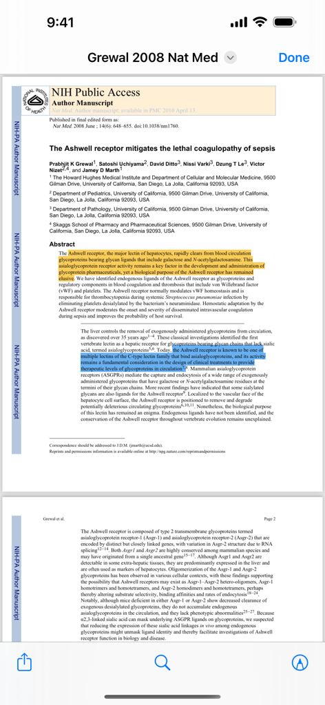 PubMed On Tap - Screenshot of PubMed On Tap app showing an academic PDF document with highlighted text sections.