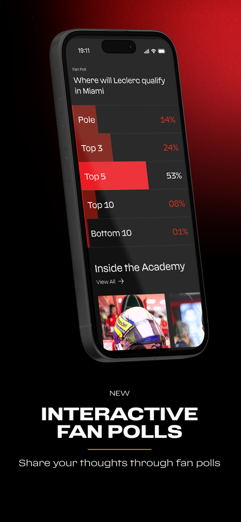 Scuderia Ferrari - Scuderia Ferrari app screenshot showing an interactive fan poll about Leclerc qualifying results.