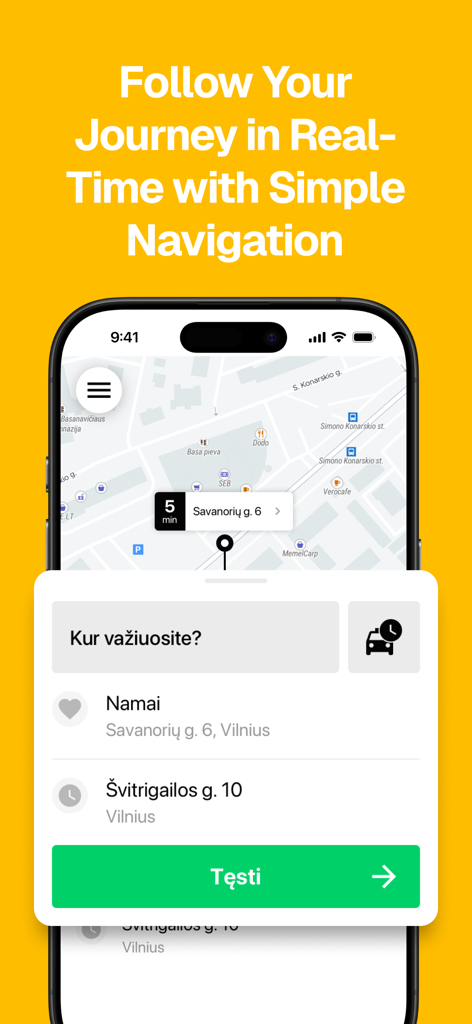 Etransport - Taxi and more - Etransport app screenshot showing real time navigation map and destination selection in Lithuania