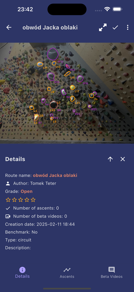A mobile app screen showing a bouldering wall image with highlighted holds and route information details
