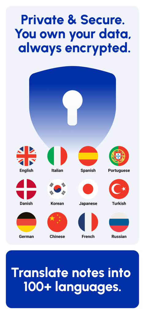 Owll AI note taker screen highlighting private data encryption and translation support for over 100 languages.