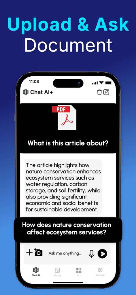 Chat+ AI: Safe & PIN-Protected - Mobile app interface showing a PDF document uploaded for AI analysis and chat interaction