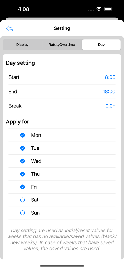 Pantalla de configuración para configurar las horas de inicio y fin del turno con duraciones de descanso y seleccionando días de trabajo específicos.