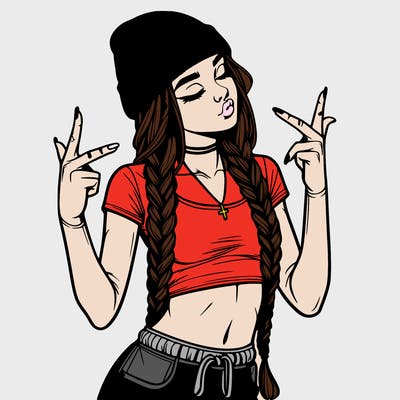 realistic teenage girl with braids and a beanie and crop top doing 🫶🏼