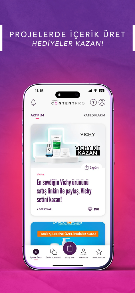 Mobile screen of the ContentPro app showing active influencer marketing projects and brand rewards