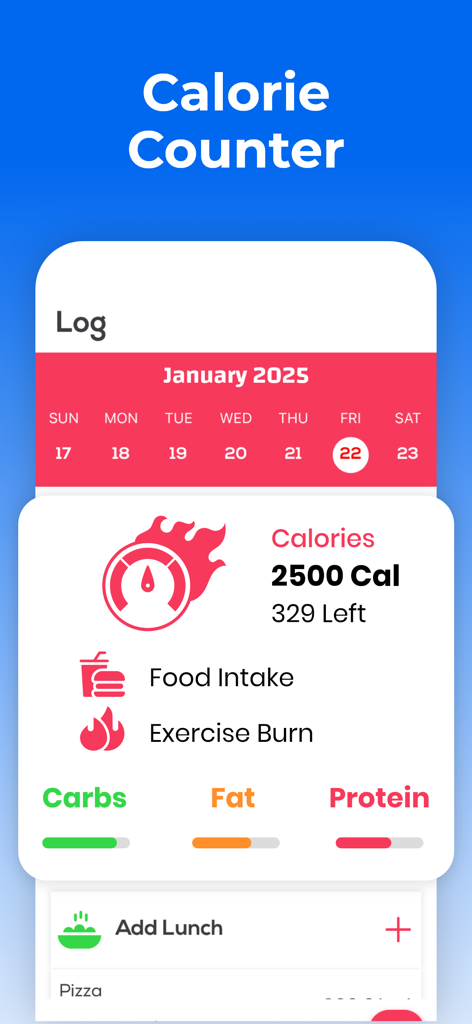 Registro giornaliero di un'app contatore di calorie che mostra le calorie consumate e lo stato dei macro.