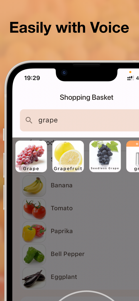 Shared shopping list : basket - Pantalla de la aplicación de cesta de compras que muestra una lista de mercado visual y una función de búsqueda por voz