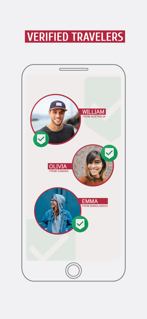 GAFFL - Find A Travel Buddy - Una interfaz móvil que muestra fotos de perfil de viajeros verificados de diferentes países con marcas de verificación verdes por seguridad