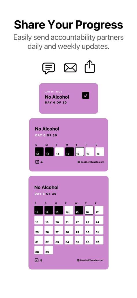 90 Day Challenge : Day by Day - Mobile app interface showing options to share challenge progress updates for a 30-day sobriety goal with accountability partners.