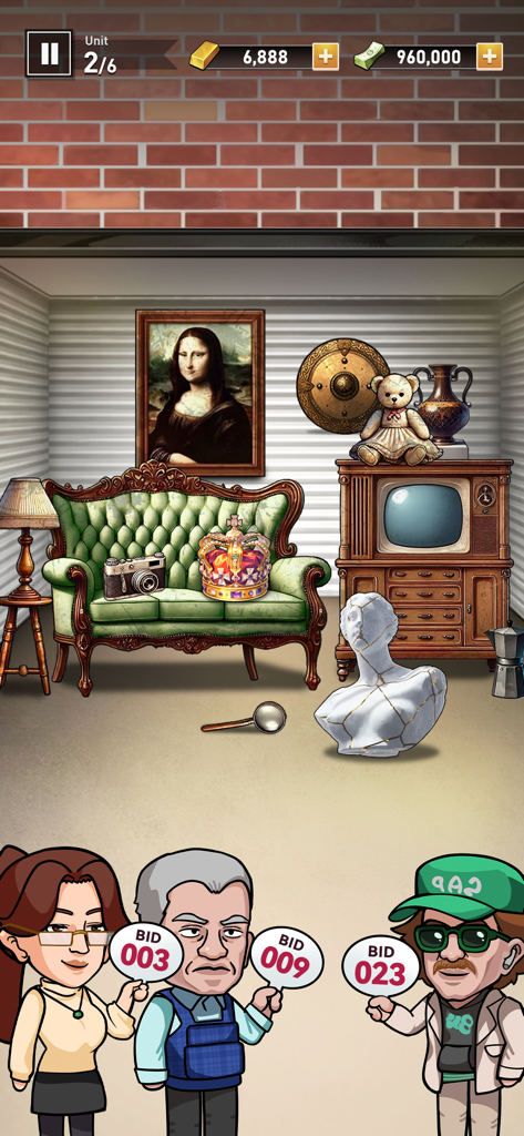 Bid Master - An auction scene in Bid Master where characters bid on treasures in a warehouse