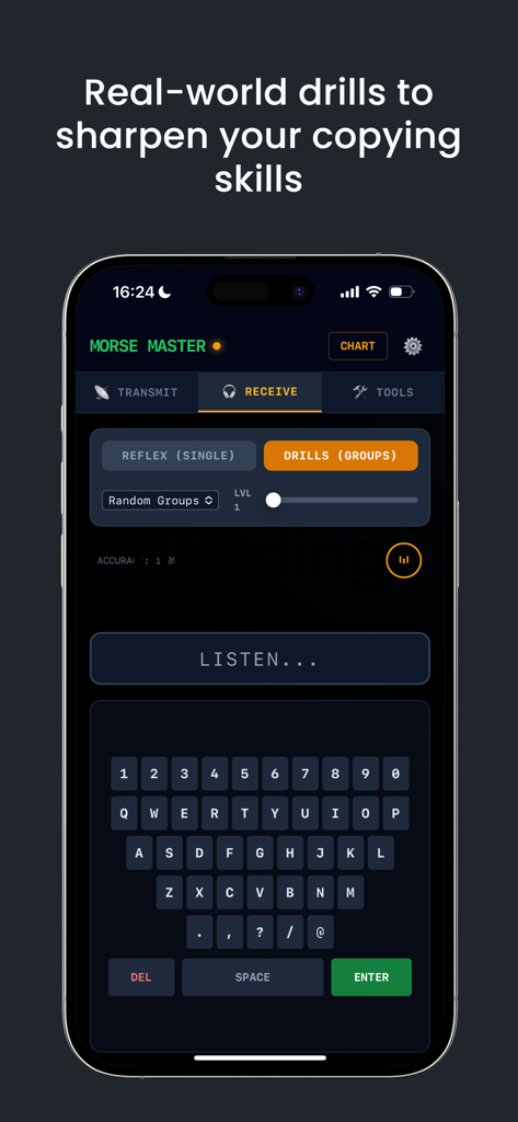 CW Morse Master app interface for practicing Morse code receiving drills