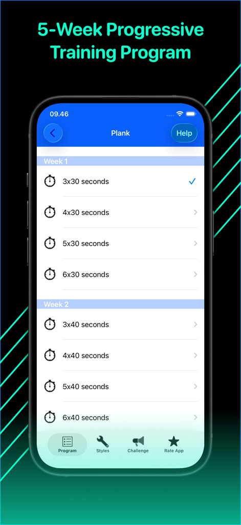 Plank Challenge 4 minutes - Screenshot of the Plank Challenge app showing a five week progressive training program with daily plank sets for week one and week two.