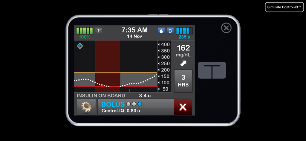 Dashboard dell'app t:simulator che mostra un grafico del glucosio e lo stato della somministrazione di insulina
