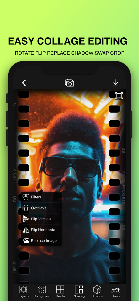 Photo Collage Maker : Pic Grid - Interfaz de la aplicación móvil que muestra herramientas fáciles de edición de collages de fotos con un retrato de un hombre con gafas de sol.