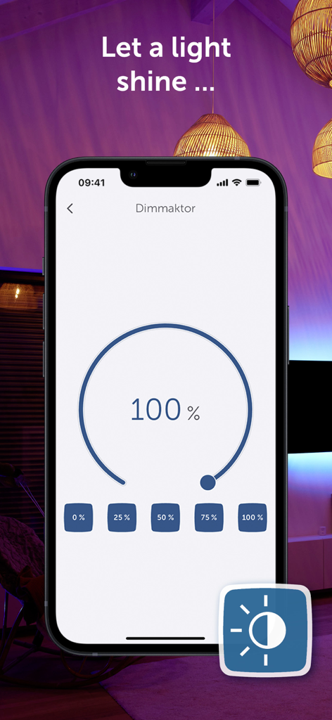 Interface do aplicativo móvel Homematic IP mostrando controles de dimerização de luz com um controle deslizante circular definido em 100 por cento em uma sala com iluminação ambiente roxa.