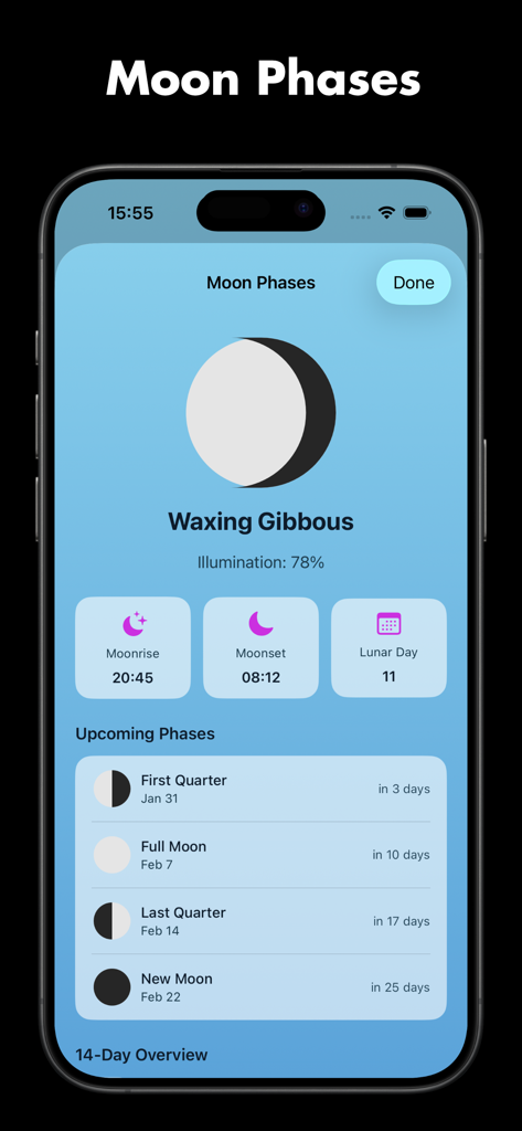 WeatherMax: Daily Forecast - WeatherMax app moon phases screen showing waxing gibbous illumination and upcoming lunar events