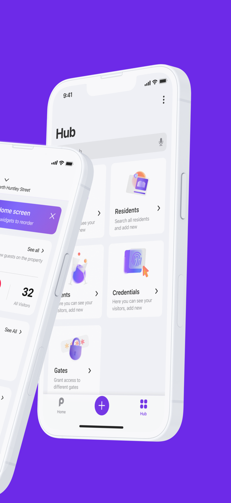Proptia 2.1 - iPhone screen displaying the Proptia app hub with options for residents credentials and gate access management