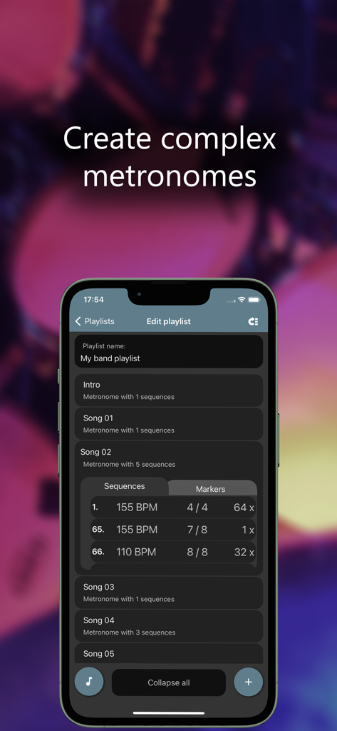 Camtronome - Pro Metronome - A mobile interface showing the edit playlist screen where users can create complex metronome sequences for different songs with varying BPM and time signatures.