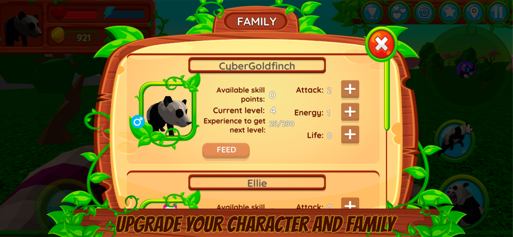 The family menu in Panda Simulator showing panda character stats and leveling options
