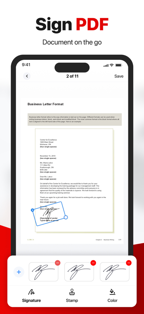 PDF Converter -Document Editor - Mobile app interface showing a business letter being signed with a digital signature tool
