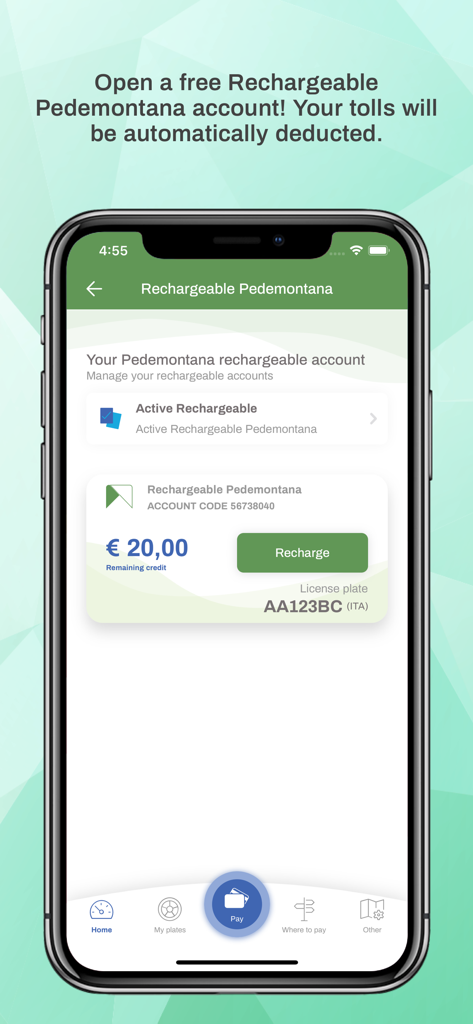 Bildschirm der Pedemontana Lombarda App mit dem Guthaben des wiederaufladbaren Kontos und Details zum Kennzeichen.