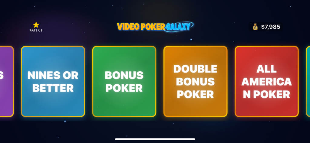 Menú principal de Video Poker Galaxy mostrando variantes de juego como Nines or Better, Bonus Poker y All American Poker contra un fondo cósmico.