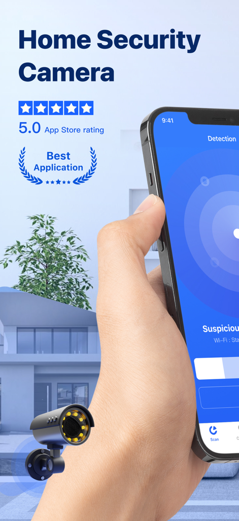 Home Security Camera App - Une main tenant un smartphone affichant l'interface de détection de l'application Home Security Camera App avec une note de 5,0 étoiles