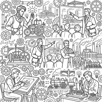 Spark your imagination with this intricate coloring page celebrating the brilliant minds of industrial innovators. Discover a detailed world of inventors, engineers, and groundbreaking machinery waiting for your creative touch.