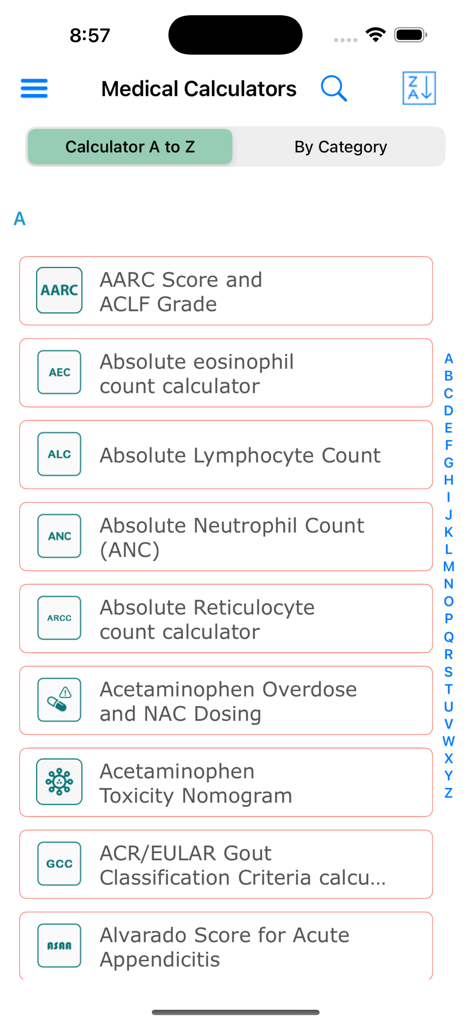 Pediatric OnCall - Lista alfabética de calculadoras médicas no aplicativo Pediatric OnCall.
