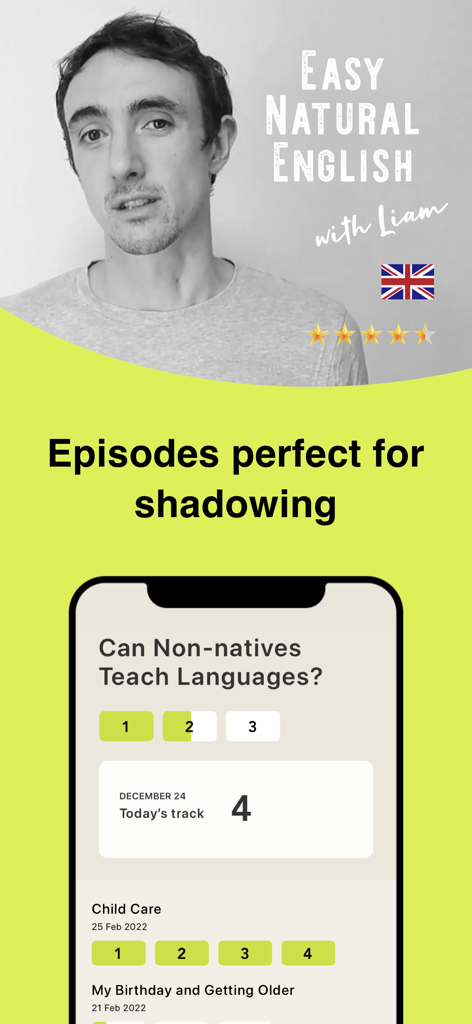 English Shadowing - Pantalla de la app English Shadowing que muestra una lista de episodios de podcast de Liam