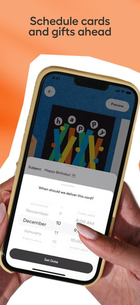 Givingli: Send Gifts & Cards - A smartphone displaying the Givingli app feature to schedule digital gifts and cards for a specific date and time