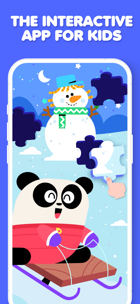 Lingokids - Play and Learn - 雪だるまのパズルを解いている様子と、そりに乗ったパンダが表示されているLingokidsアプリの画面。