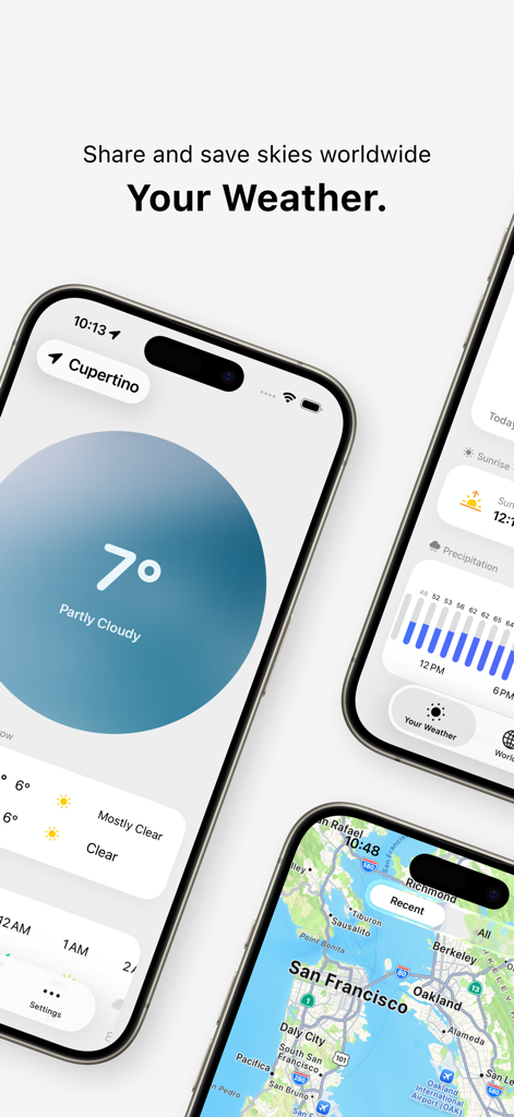 Your Weather. - Drei Smartphone-Bildschirme, die das minimalistische Wetter-Dashboard und die interaktive Karte der Your Weather-App anzeigen.