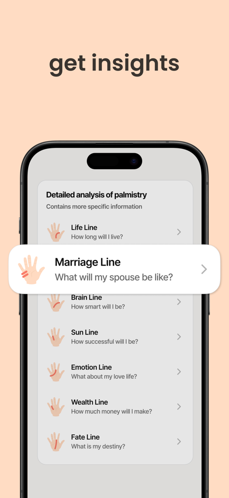 PalmPath - PalmPath app screen showing detailed palmistry analysis including marriage and life lines
