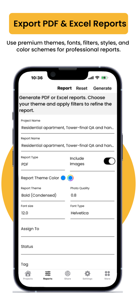 Screen showing PDF and Excel report generation settings in the SnagBricks app