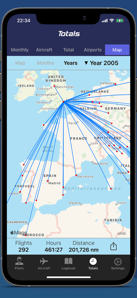 Swift Pilot Logbook totals screen showing a map of flight routes across Europe with statistics for flights hours and distance