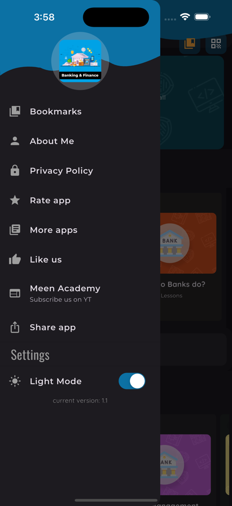 Learn Banking Offline [PRO] - Menu di navigazione laterale dell'app Learn Banking Offline PRO che mostra segnalibri e impostazioni.