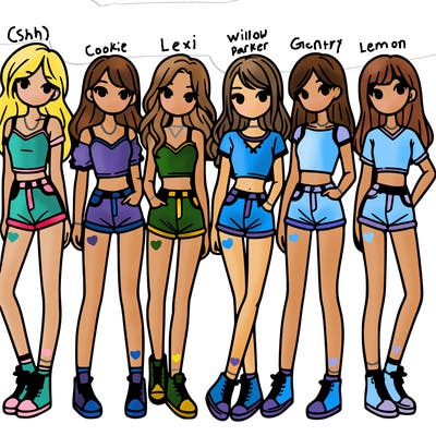 a group of girls wearing crop tops and shorts