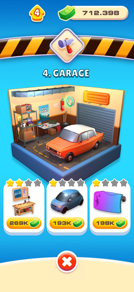 Garage renovation screen in the Deal or No Deal game showing items available for purchase with in-game currency