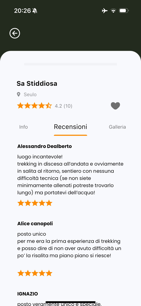 Heart of Sardinia - Screenshot of the Heart of Sardinia app showing user reviews and ratings for the Sa Stiddiosa location