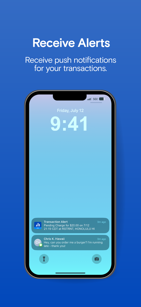 Bank Of Hawaii Mobile App - Lock screen showing Bank of Hawaii mobile app push notification for a transaction alert.