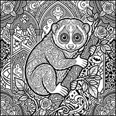 Discover the charm of a loris rendered in a captivating blend of Gothic and Pop Art styles. This intricate coloring page invites you to bring a touch of mysterious elegance to life with your favorite colors.
