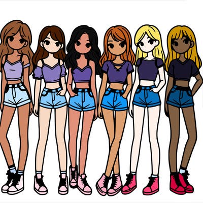 a group of girls wearing crop tops and shorts