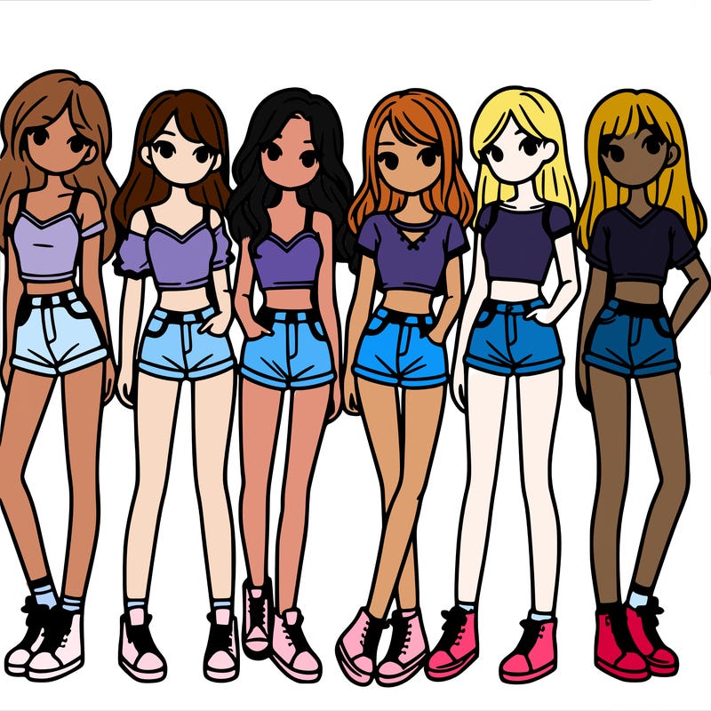a group of girls wearing crop tops and shorts