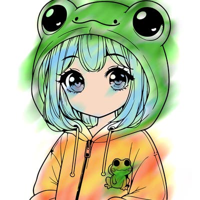 cute realistic girl in a froggy hoodie