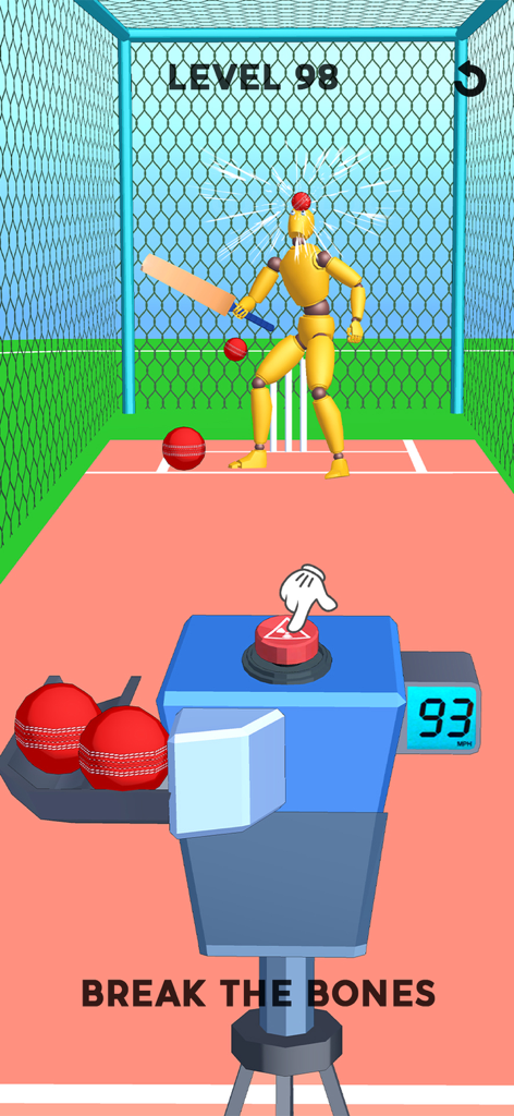 Un mannequin ragdoll jaune frappé à la tête par une balle de cricket rapide dans un niveau sportif.