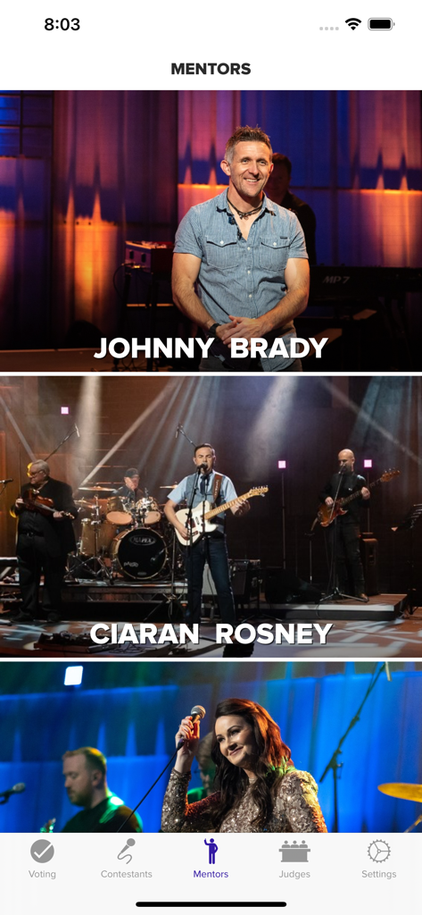 The mentors screen in the Glor Tire app showing country music artists Johnny Brady and Ciaran Rosney