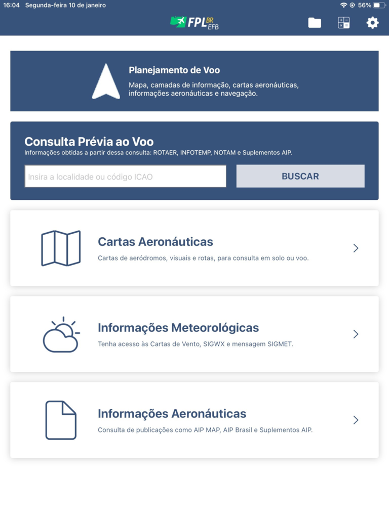 飛行計画、航空チャート、気象情報オプションが表示されているFPL BR EFBアプリのメインメニュー